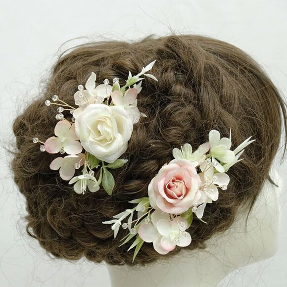 Women Hair Comb Artificial Flowers Leaves Metal Bridal Wedding Pink Pair main image 6